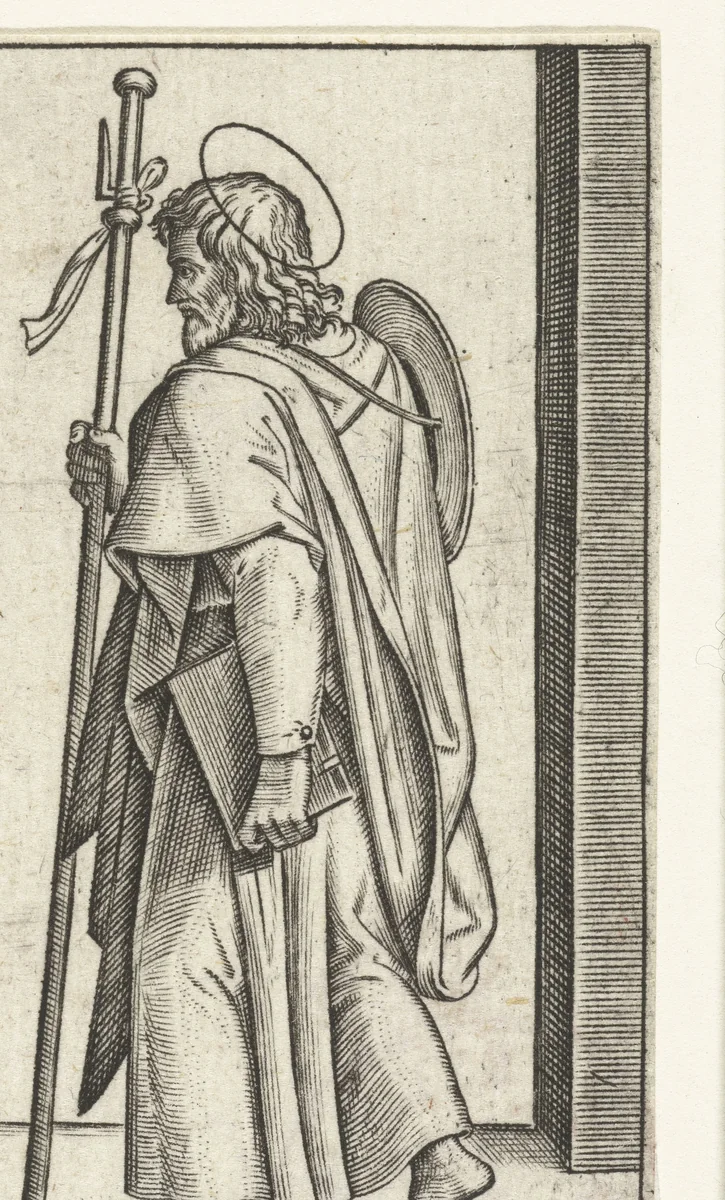 Apostel Jakobus de Meerdere (Major) met pelgrimshoed en pelgrimsstaf by anonymous, print, 1517-1577