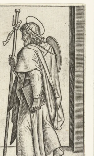 Apostel Jakobus de Meerdere (Major) met pelgrimshoed en pelgrimsstaf by anonymous, print, 1517-1577