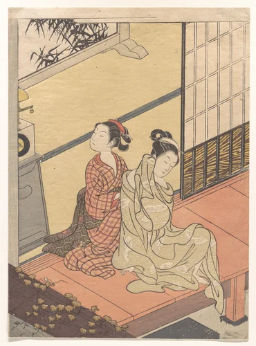Evening Chime of the Clock (Tokei no banshō), from the series “Eight Parlor Views” (Zashiki hakkei) by Suzuki Harunobu (鈴木春信), print, 1756-1776