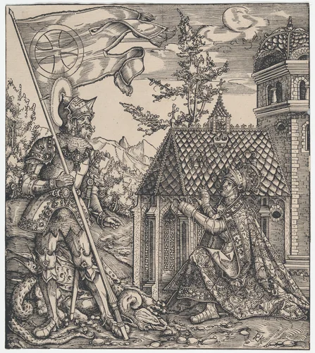 St George as the Emperor's Patron Saint, from "The Habsburg Saints" (Images de Saints et de Saints Issus de la Famille de L'Emperor Maximilian I) by Hans Springinklee, print, 1511-1521