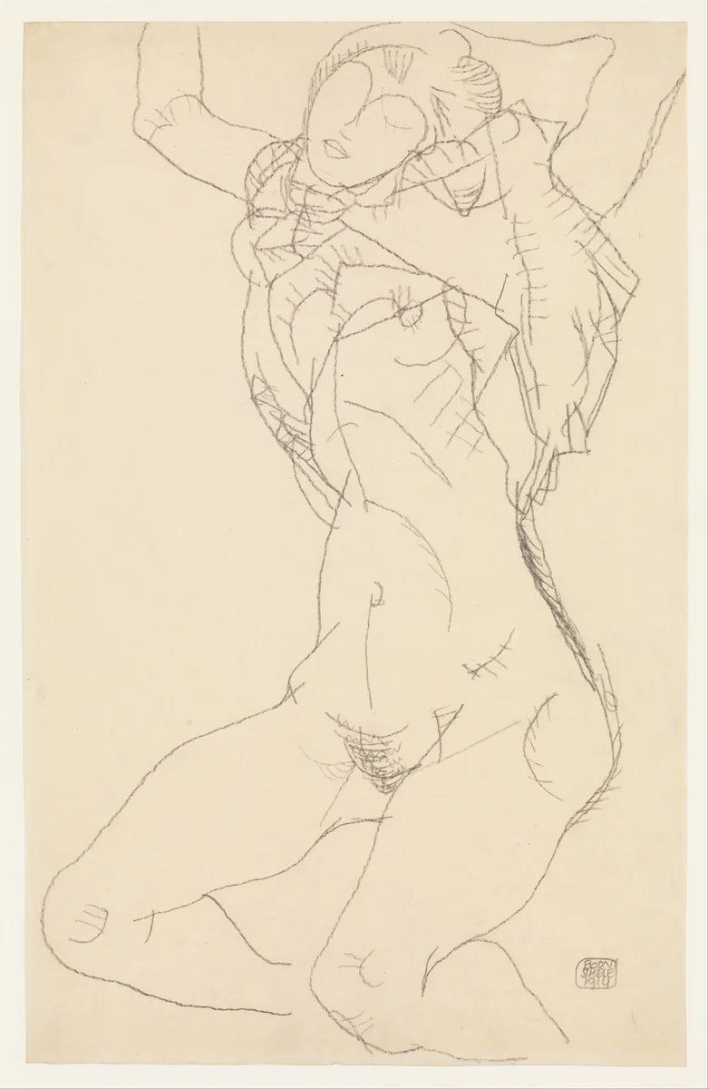 Seminude with Arms Raised by Egon Schiele, drawing, 1914