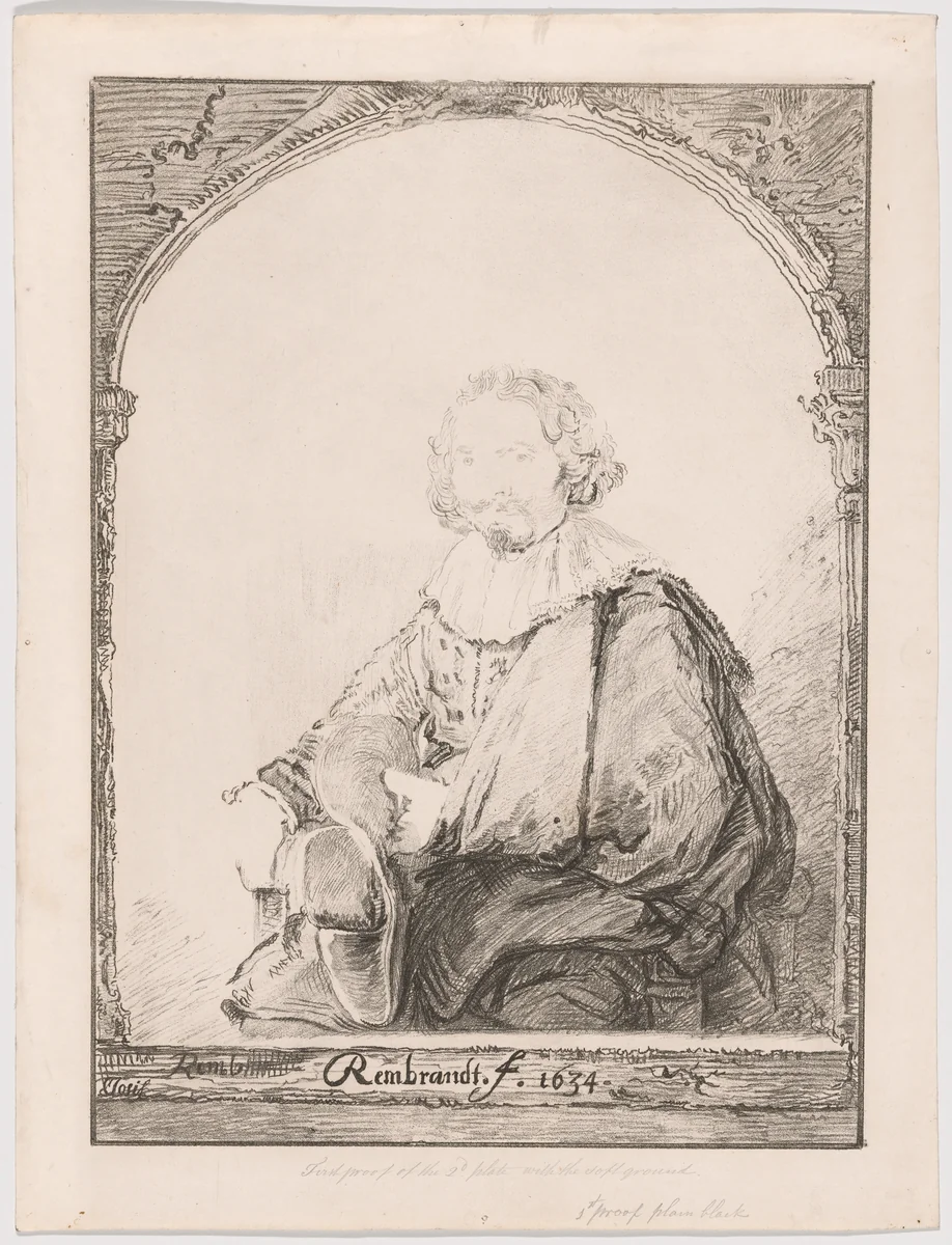 Portrait of a Man in an Armchair, from Collection d'imitations de Dessins d'après les Principaux Maîtres Hollandais et Flamands by Rembrandt van Rijn, print, 1826