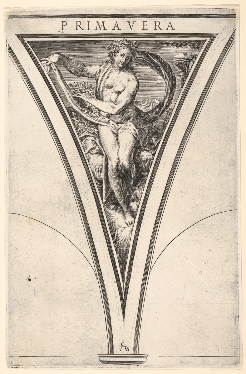 Spring (Primavera) represented as a woman bearing a billowing drape and garlands, a spandrel-shaped composition from "The Four Seasons" by Cherubino Alberti, print, 1570-1615