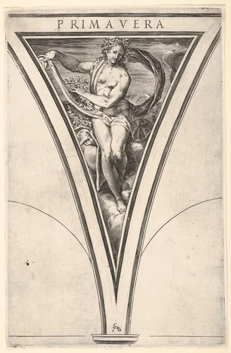 Spring (Primavera) represented as a woman bearing a billowing drape and garlands, a spandrel-shaped composition from "The Four Seasons" by Cherubino Alberti, print, 1570-1615