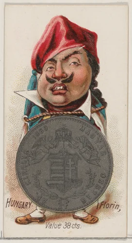 Caricatured Hungarian, 1 Florin, from the series Coins of All Nations (N72, variation 1) for Duke brand cigarettes by W. Duke, Sons & Co., print, 1889