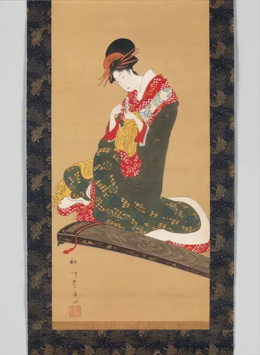 Woman Putting on Finger Plectrums to Play the Koto by Utagawa Toyohiro (歌川豊広), painting, 1800-1828