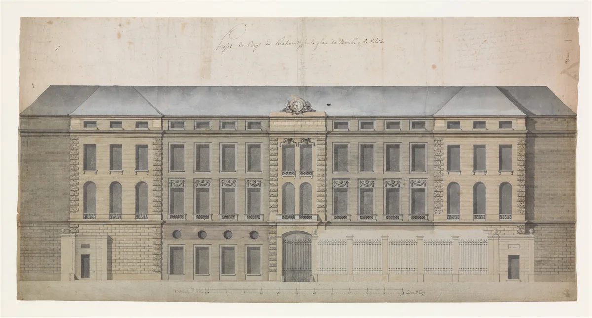 Elevation of the Façade of the Marché à la Volaille, Quai des Grands Augustins, Paris by Célestin-Joseph Happe, drawing, 1700-1800
