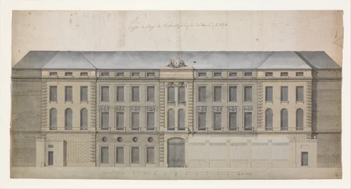 Elevation of the Façade of the Marché à la Volaille, Quai des Grands Augustins, Paris by Célestin-Joseph Happe, drawing, 1700-1800