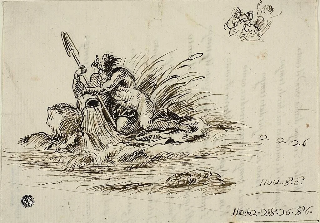 Recto: A River God; verso: a sonnet by Santi Rinaldi by Unknown Artist, drawing, 1680-1720
