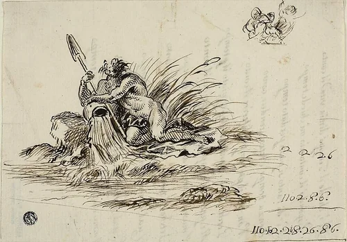 Recto: A River God; verso: a sonnet by Santi Rinaldi by Unknown Artist, drawing, 1680-1720