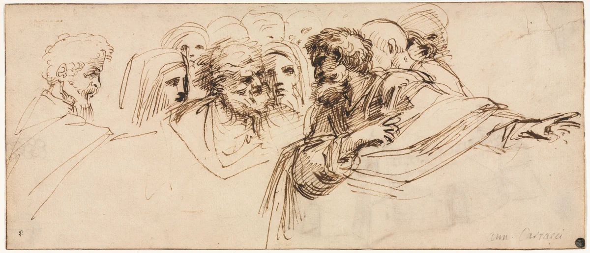 Study of Heads (recto) by Agostino Carracci, drawing, 1550-1602