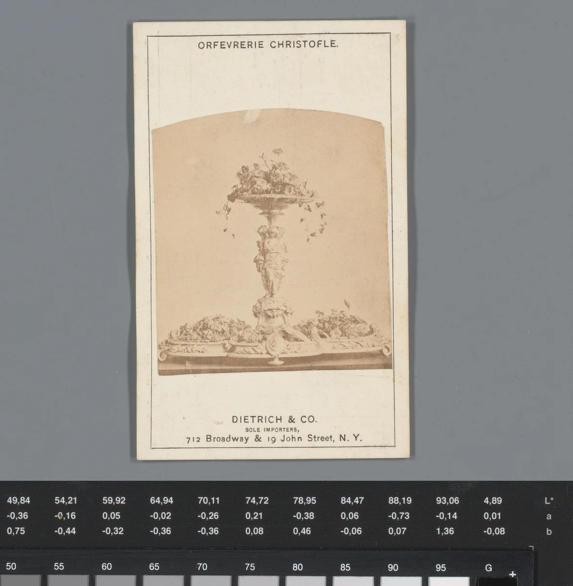 Reclame voor geïmporteerd servieswaar van Ofrevrerie Christofle te New York, met gezicht op een tafelstuk met bloemen en schaal by anonymous, photograph, 1850-1915