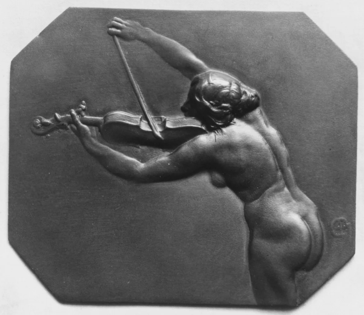 Female figure playing violin by Alexandre-Louis-Marie Charpentier, metalwork, 1802-1902