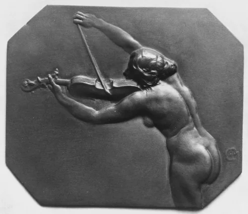 Female figure playing violin by Alexandre-Louis-Marie Charpentier, metalwork, 1802-1902