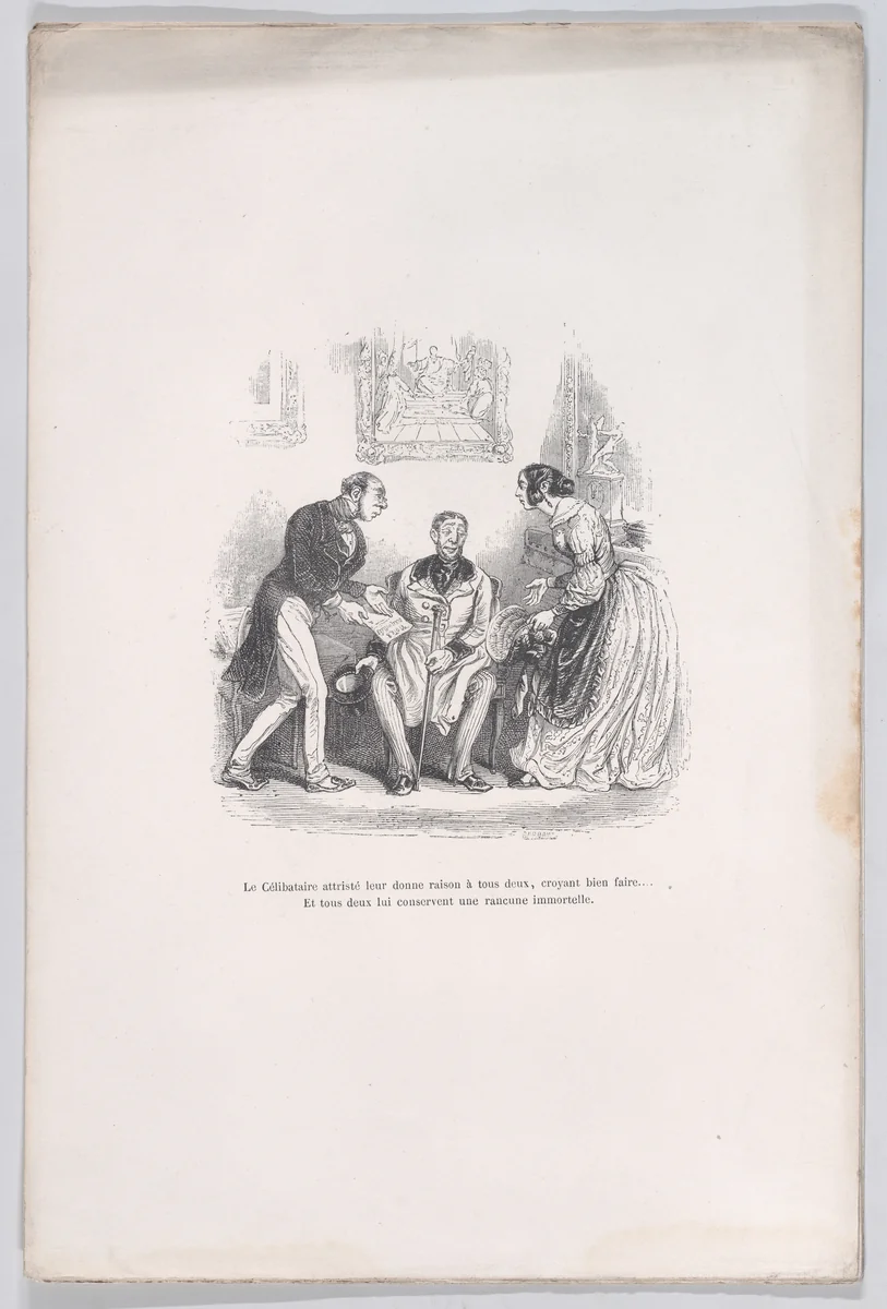 The grieving widow gives them both the right to do well.... And they both retain an eternal grudge with each other, from "Little Miseries of Human Life" by J. J. Grandville, print, 1843