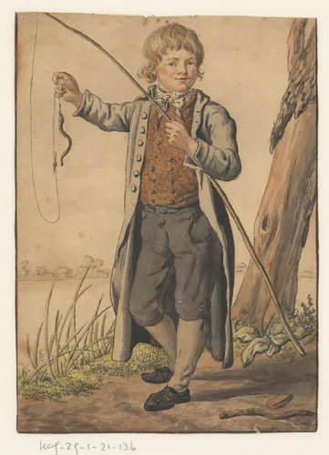 Jongen met hengel met een aal by anonymous, drawing, 1750-1799