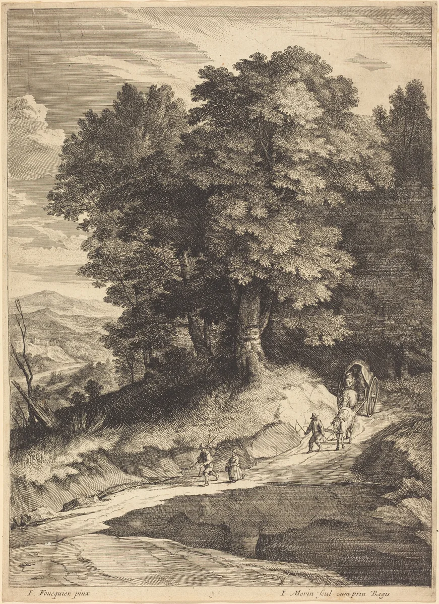 Edge of a Wood with Travelers in a Carriage by Jean Morin; Jacques Fouquières, print, 1600-1650