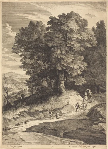 Edge of a Wood with Travelers in a Carriage by Jean Morin; Jacques Fouquières, print, 1600-1650