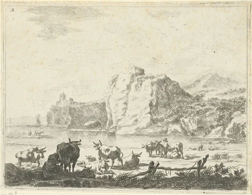 Rivierlandschap met herders en koeien by Johannes Gronsveld, print, 1679-1728