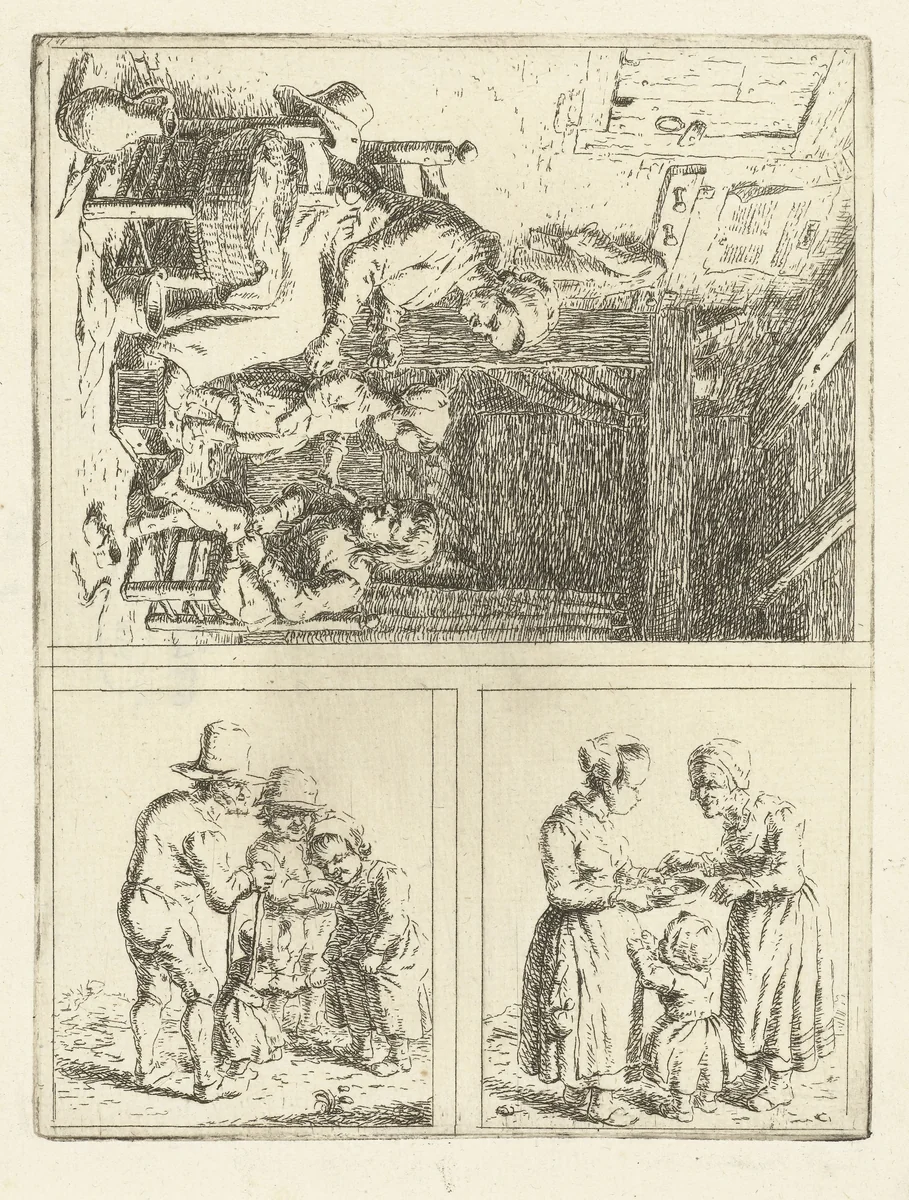 Drie voorstellingen van het gezinsleven by Christina Chalon, print, 1758-1808