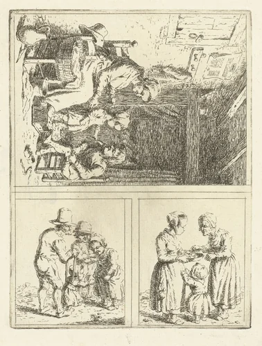 Drie voorstellingen van het gezinsleven by Christina Chalon, print, 1758-1808
