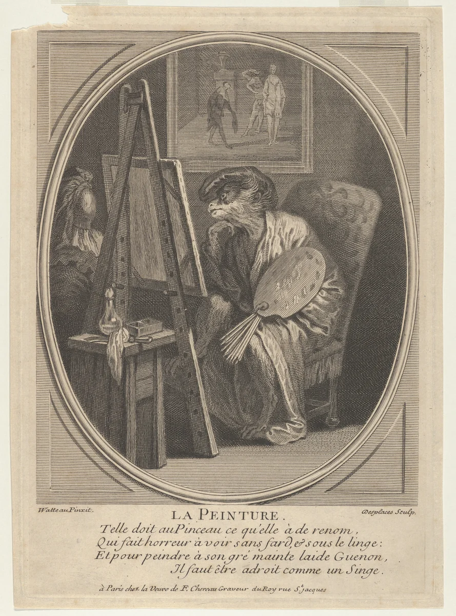 Painting (La Peinture): a monkey seated at an easel, dressed in a robe and beret and holding a painter's palette, a framed painting hanging on the wall beyond by Louis Desplaces, print, 1700-1739