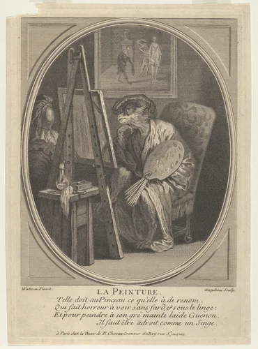 Painting (La Peinture): a monkey seated at an easel, dressed in a robe and beret and holding a painter's palette, a framed painting hanging on the wall beyond by Louis Desplaces, print, 1700-1739