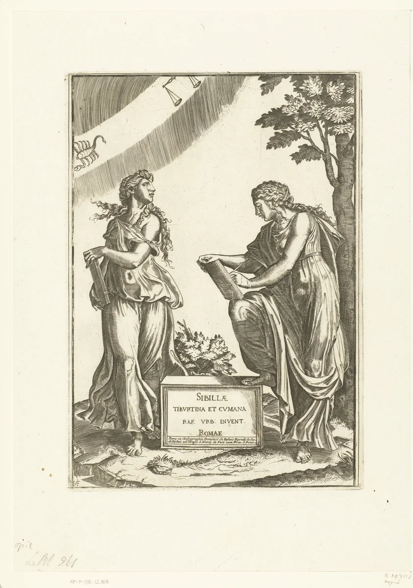 Twee vrouwen met tekens weegschaal (Libra) en schorpioen (Scorpio) van de dierenriem by anonymous, print, 1517-1650
