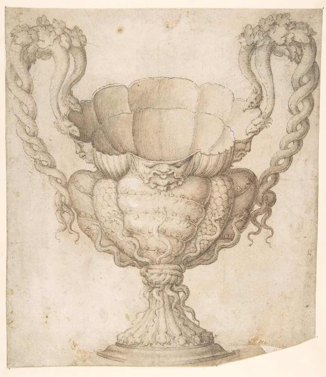 Design for a Decorated Drinking Cup with Floriated Heads around Large Mouth, Intertwined Serpents as Handles by Giulio Romano, drawing, 1495-1546
