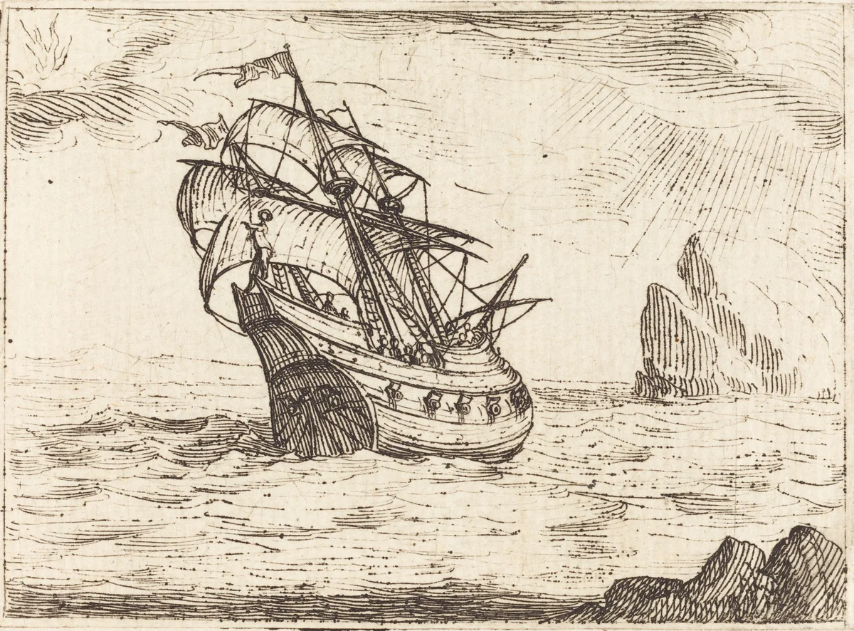 Ship Navigating Near Rocks by Jacques Callot, print, 1592-1635