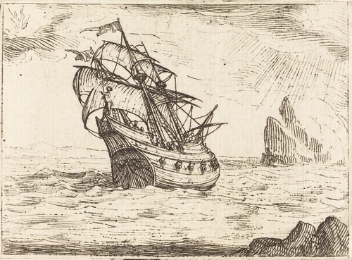 Ship Navigating Near Rocks by Jacques Callot, print, 1592-1635