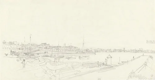 Gezicht op een Normandische stad by Charles Louis Mozin, drawing, 1816-1862