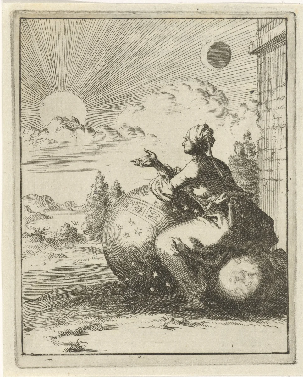 Vrouw bekijkt, zittend op een wereldbol en steunend op een hemelglobe, de ondergaande zon by Jan Luyken, print, 1687