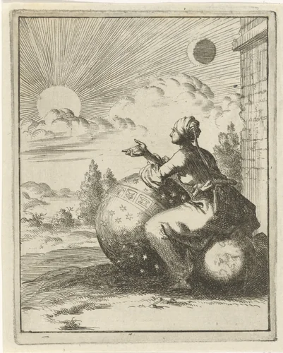 Vrouw bekijkt, zittend op een wereldbol en steunend op een hemelglobe, de ondergaande zon by Jan Luyken, print, 1687
