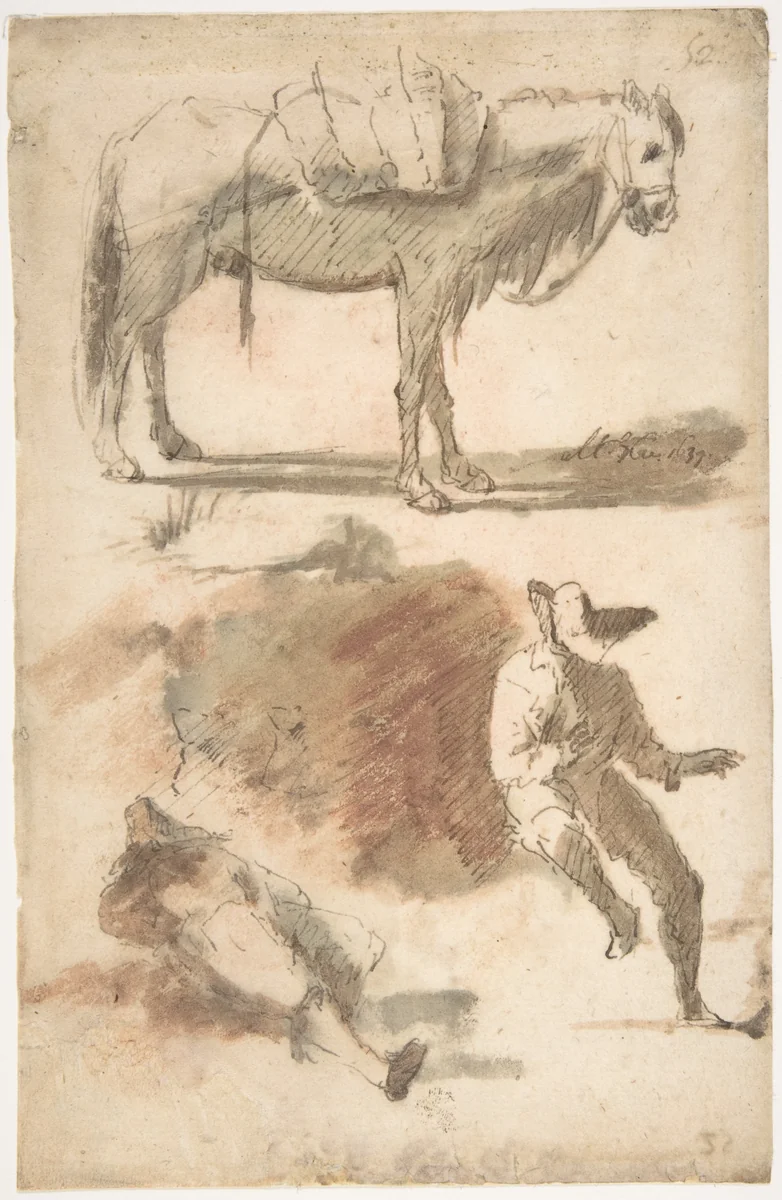 Sheet of Studies: A Horse Above, a Seated Man and a Reclining Man Below by Micco Spadaro, drawing, 1612-1675