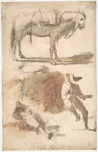 Sheet of Studies: A Horse Above, a Seated Man and a Reclining Man Below by Micco Spadaro, drawing, 1612-1675