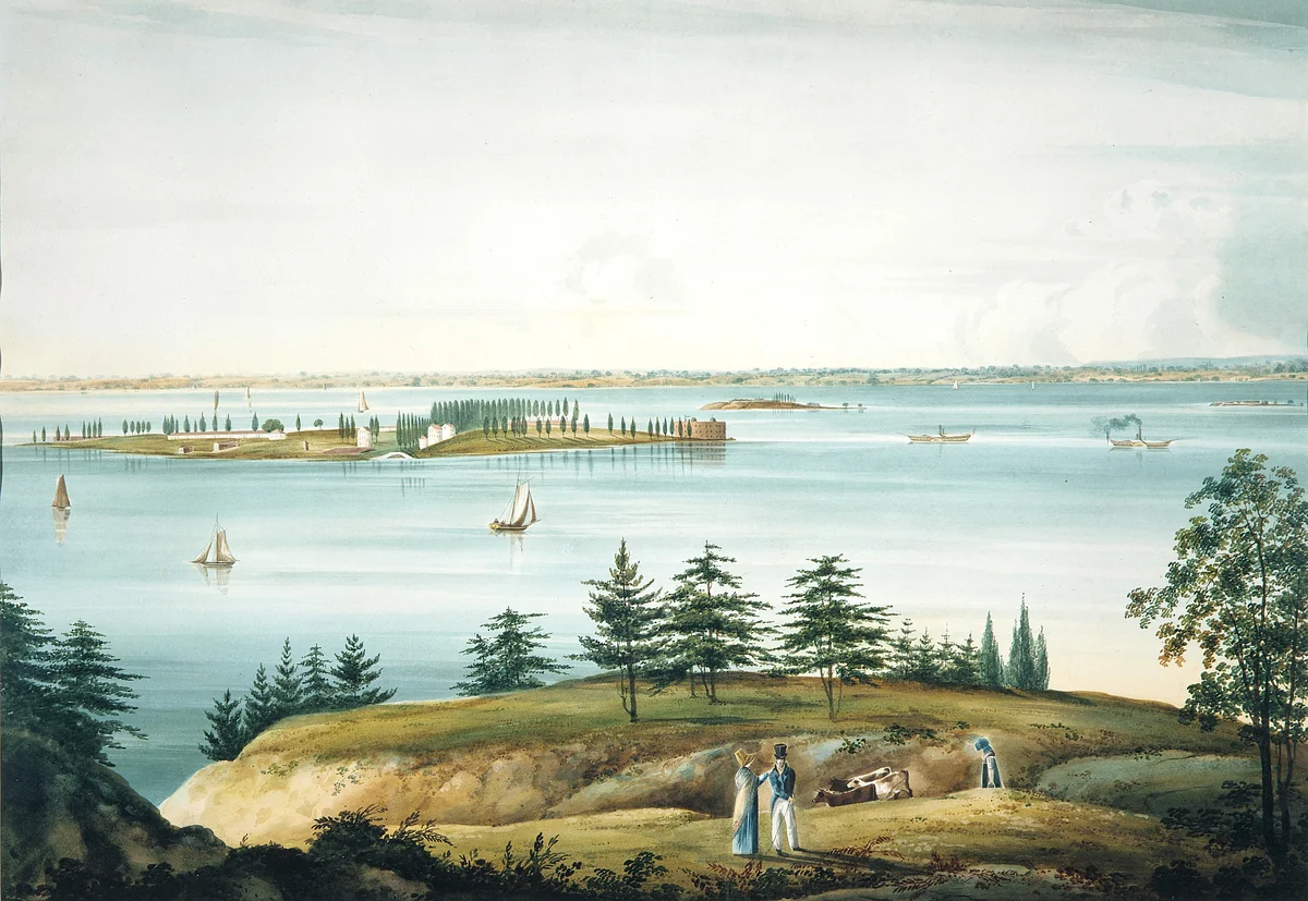 The Bay of New York and Governors Island Taken from Brooklyn Heights by William Guy Wall, artwork, 1820-1825