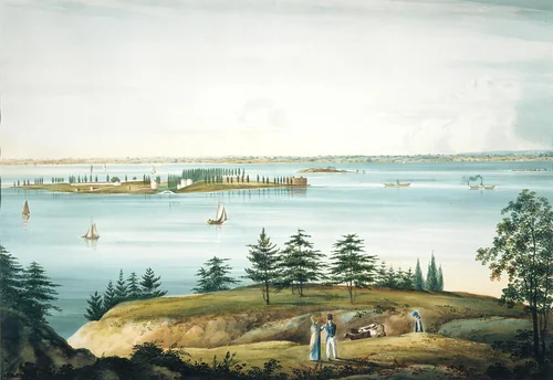 The Bay of New York and Governors Island Taken from Brooklyn Heights by William Guy Wall, artwork, 1820-1825