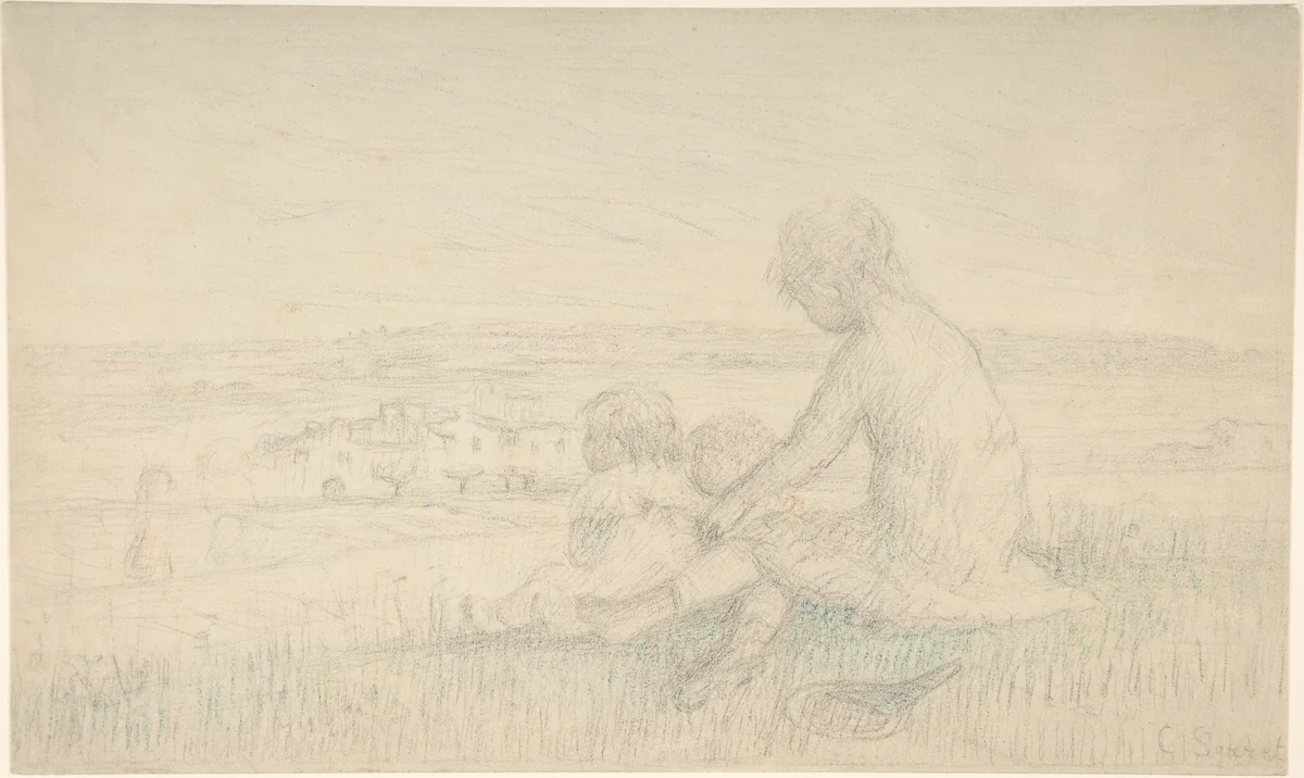 Children Seated on a Hillside with a Racquet by Charles Emmanuel Serret, drawing, 1835-1900