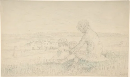 Children Seated on a Hillside with a Racquet by Charles Emmanuel Serret, drawing, 1835-1900