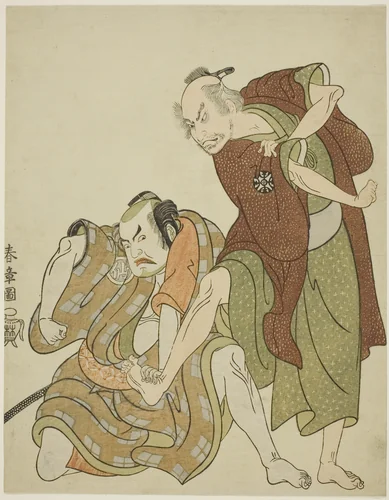 Actors playing the roles of Giheiji and his son-in-law, Danshichi Kurobei by Katsukawa Shunsho (勝川 春章), print, 1763-1773
