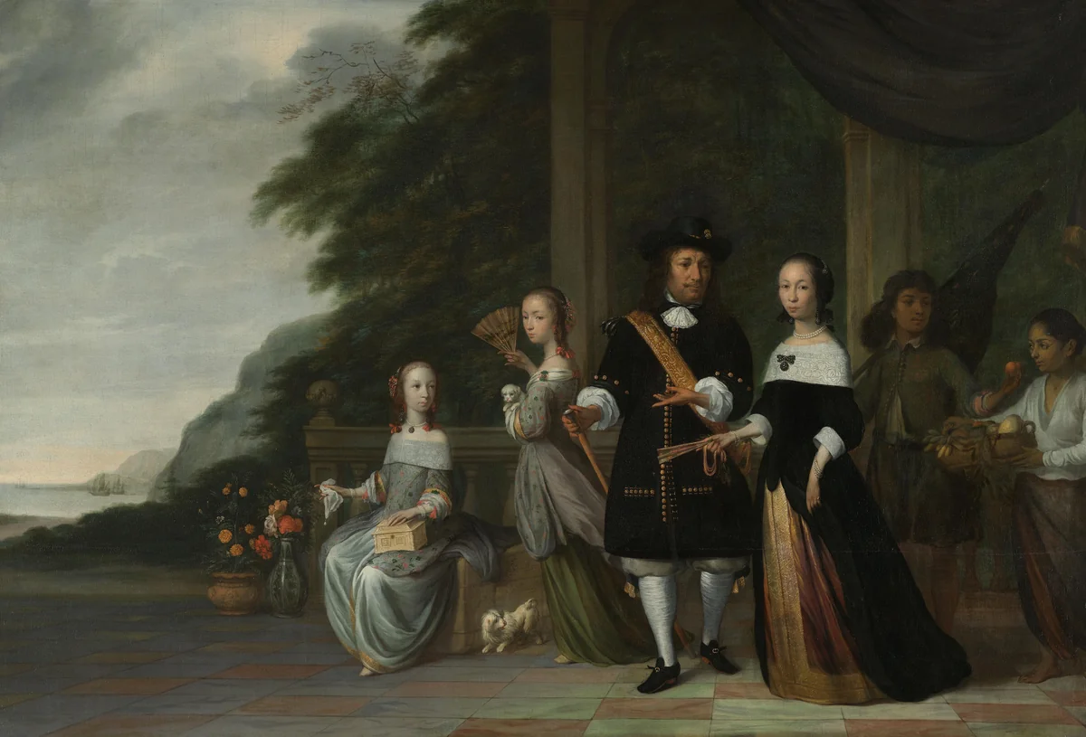 Pieter Cnoll, Cornelia van Nijenrode, hun dochters en twee tot slaaf gemaakte bedienden by Jacob Coeman, painting, 1665