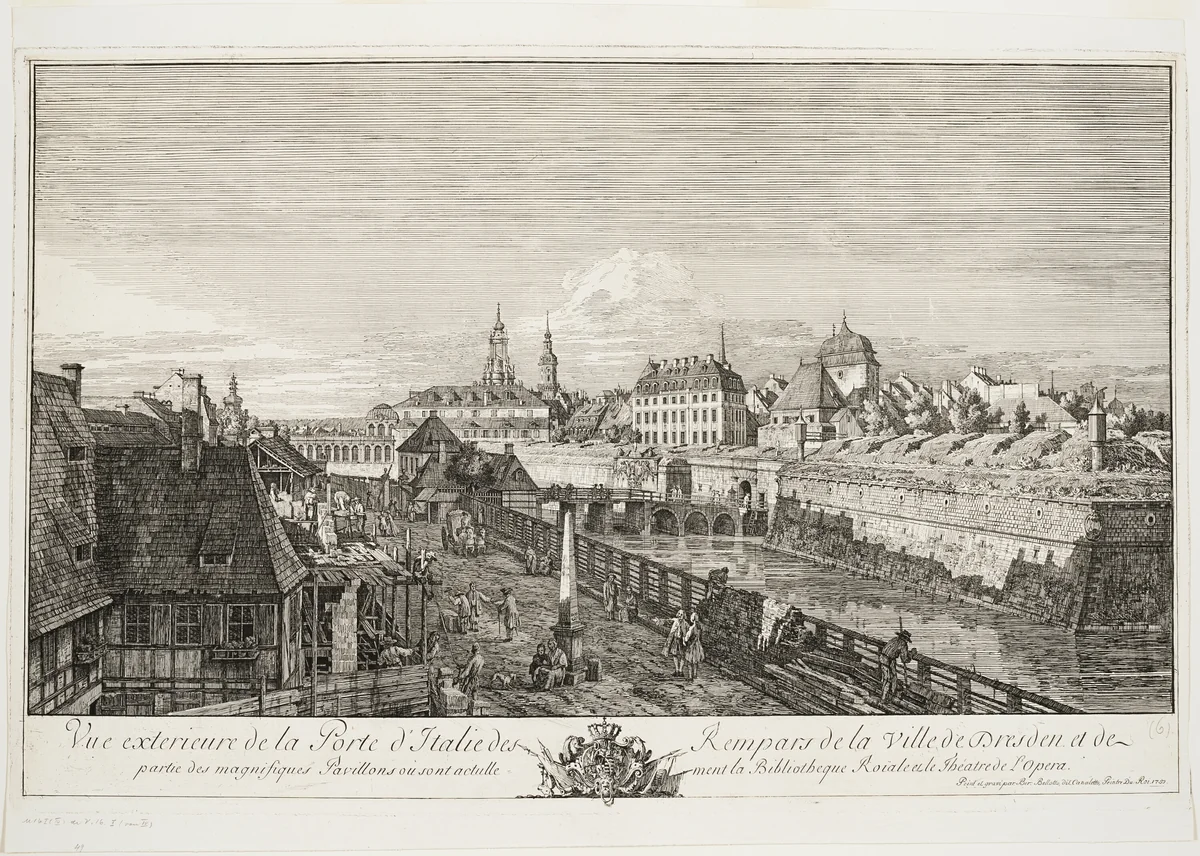 Exterior View of the Italian Gate of the Ramparts of the Town of Dresden by Bernardo Bellotto, print, 1750