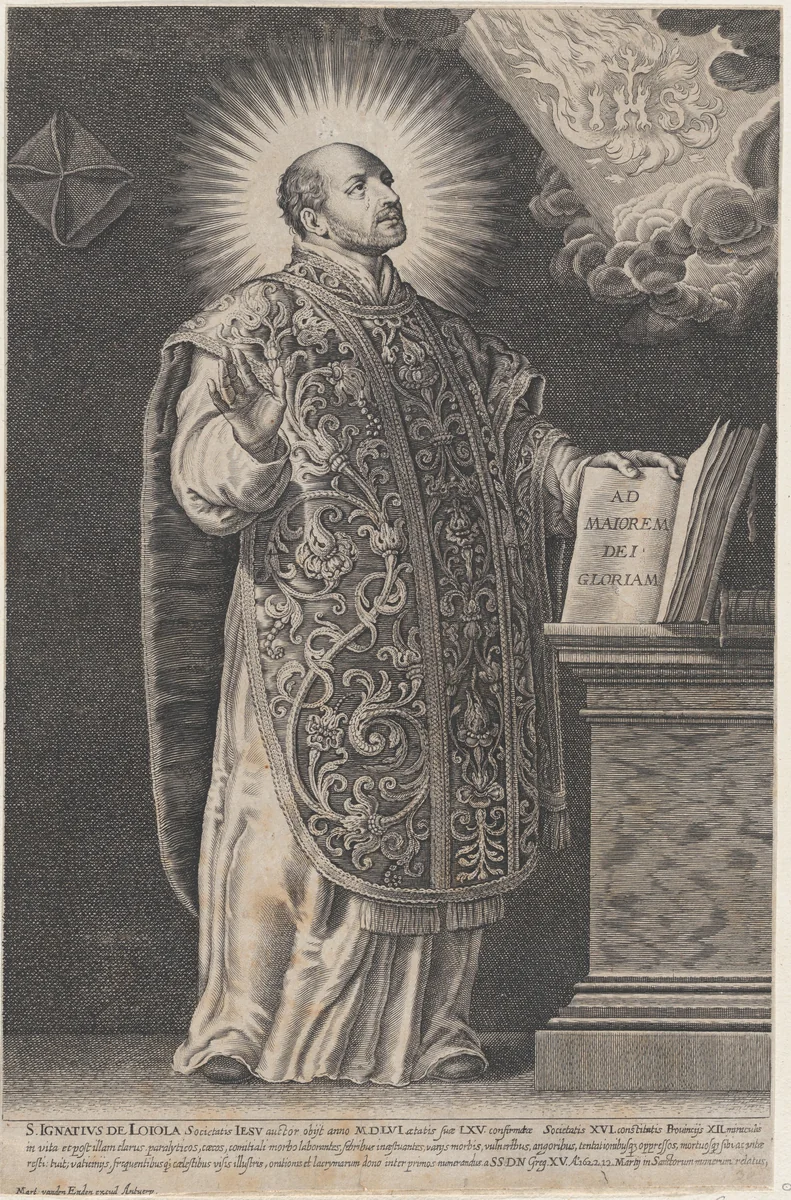 Saint Ignatius Loyola, standing and holding an open book by anonymous, print, 1625-1659