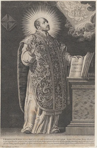 Saint Ignatius Loyola, standing and holding an open book by anonymous, print, 1625-1659