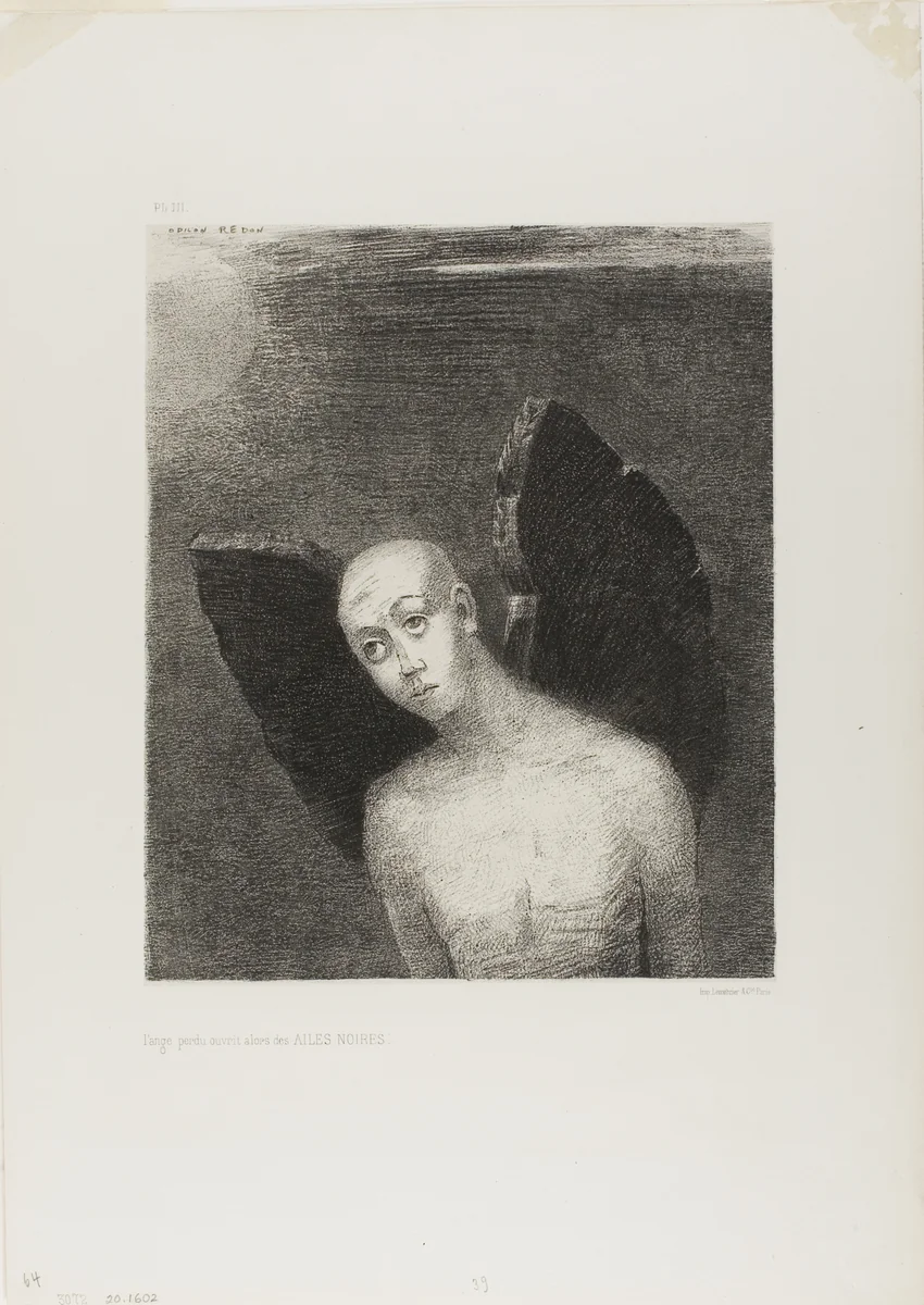 The Lost Angel Then Opened Black Wings, from Night by Odilon Redon, print, 1886