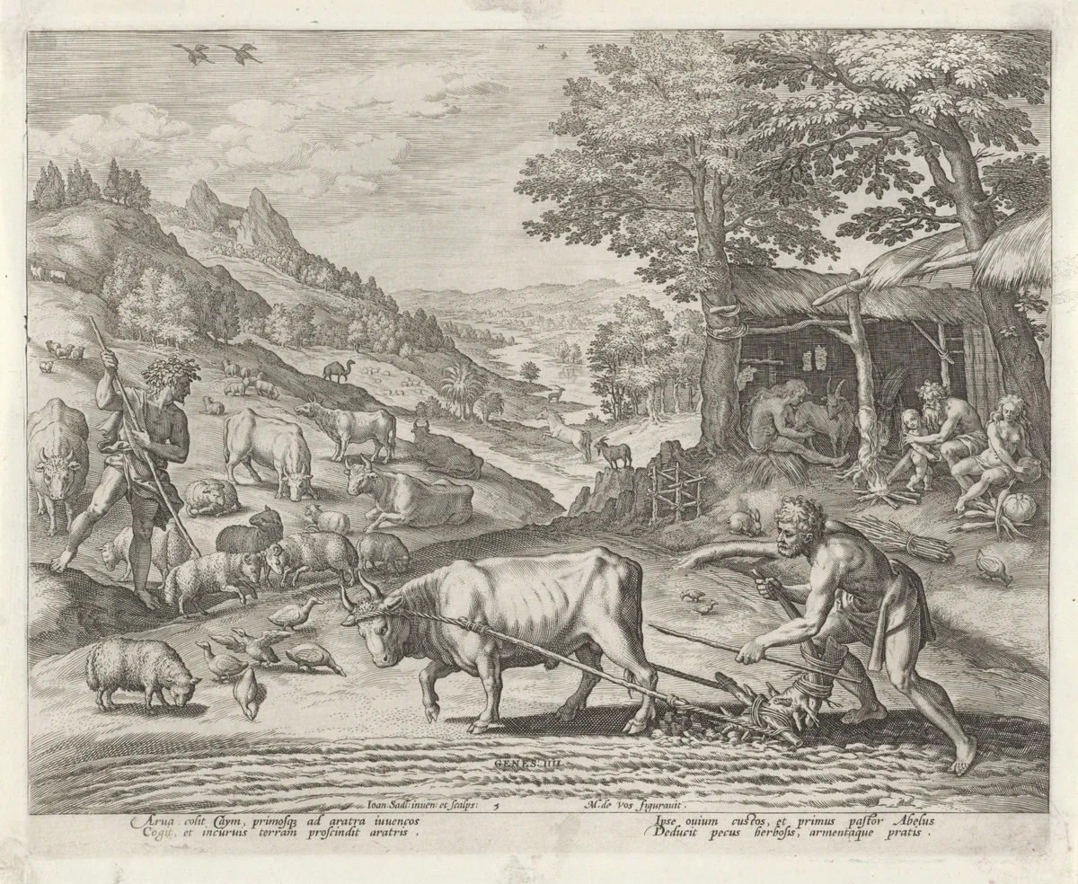 Kaïn en Abel als landbouwer en herder by Unknown, print, 1583