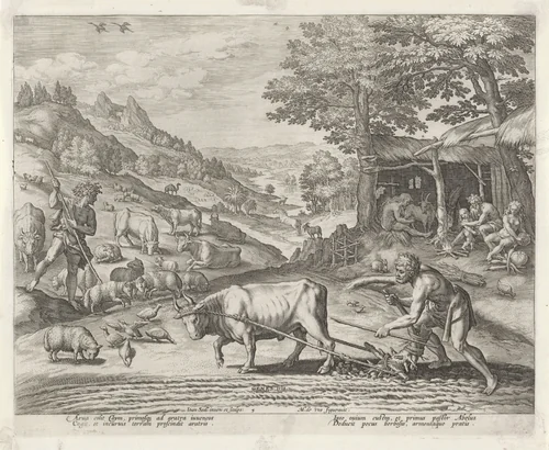 Kaïn en Abel als landbouwer en herder by Unknown, print, 1583