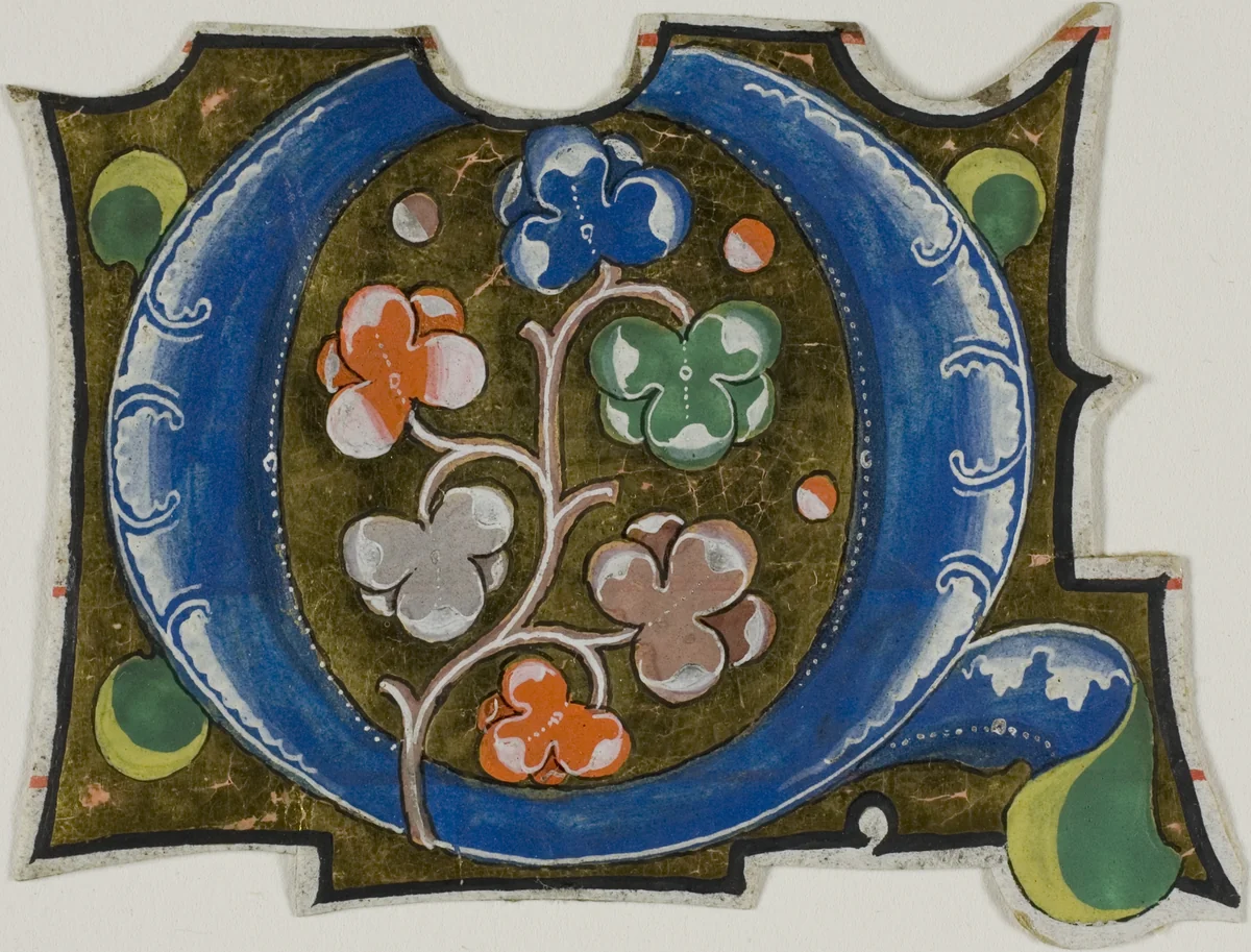 Decorated Initial "Q" with Three Balls and Six Leaves from a Choir Book by European, drawing, 1300-1399