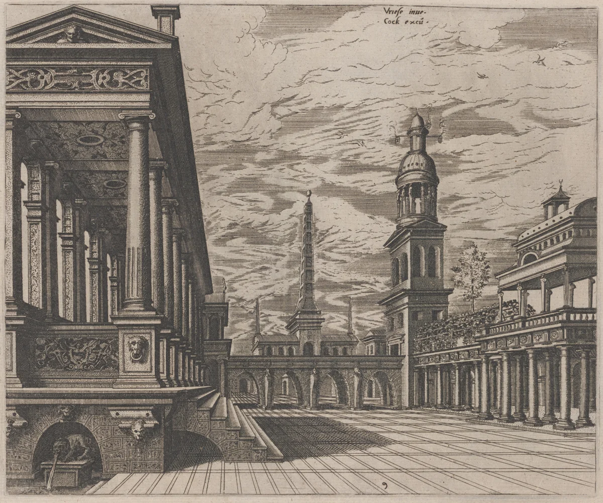 Town Square with a Colonnade at Left by Lucas van Doetechum
Johannes van Doetechum the Elder
Hans Vredeman de Vries
Hieronymus Cock, portfolio, 1560